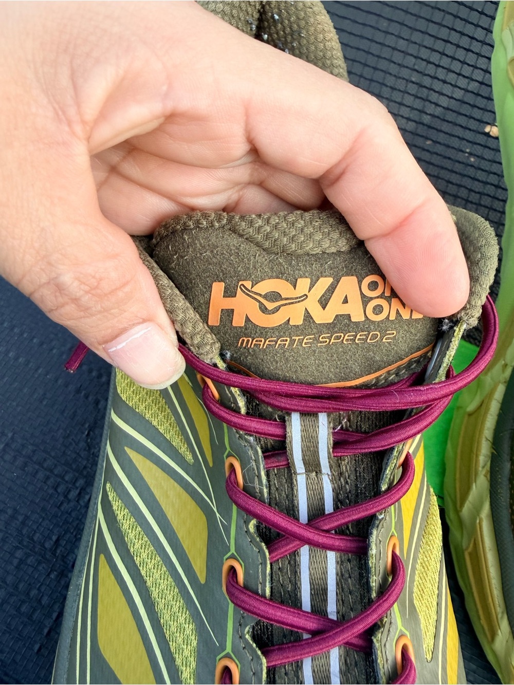 Hoka One One Olive Green Yellow Trail Running Shoes with Burgundy Laces - Picture 5 of 7